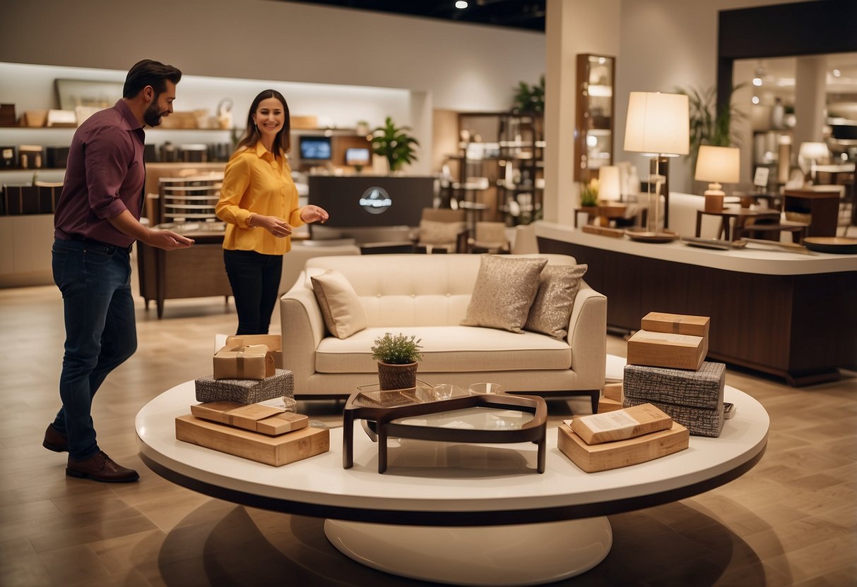 A display of Baker furniture with price tags, surrounded by customers browsing and a sales associate assisting