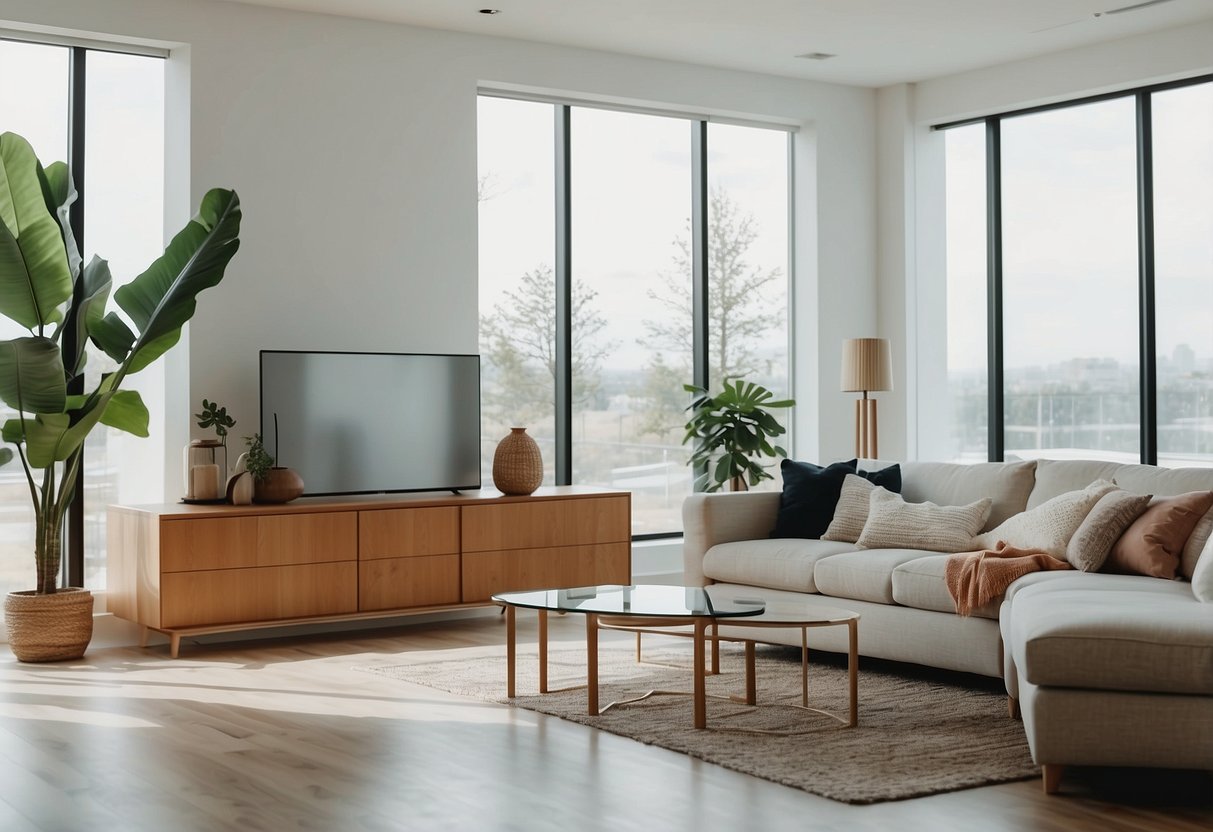 A bright, spacious room filled with modern furniture. Clean lines, neutral colors, and natural light create a welcoming atmosphere