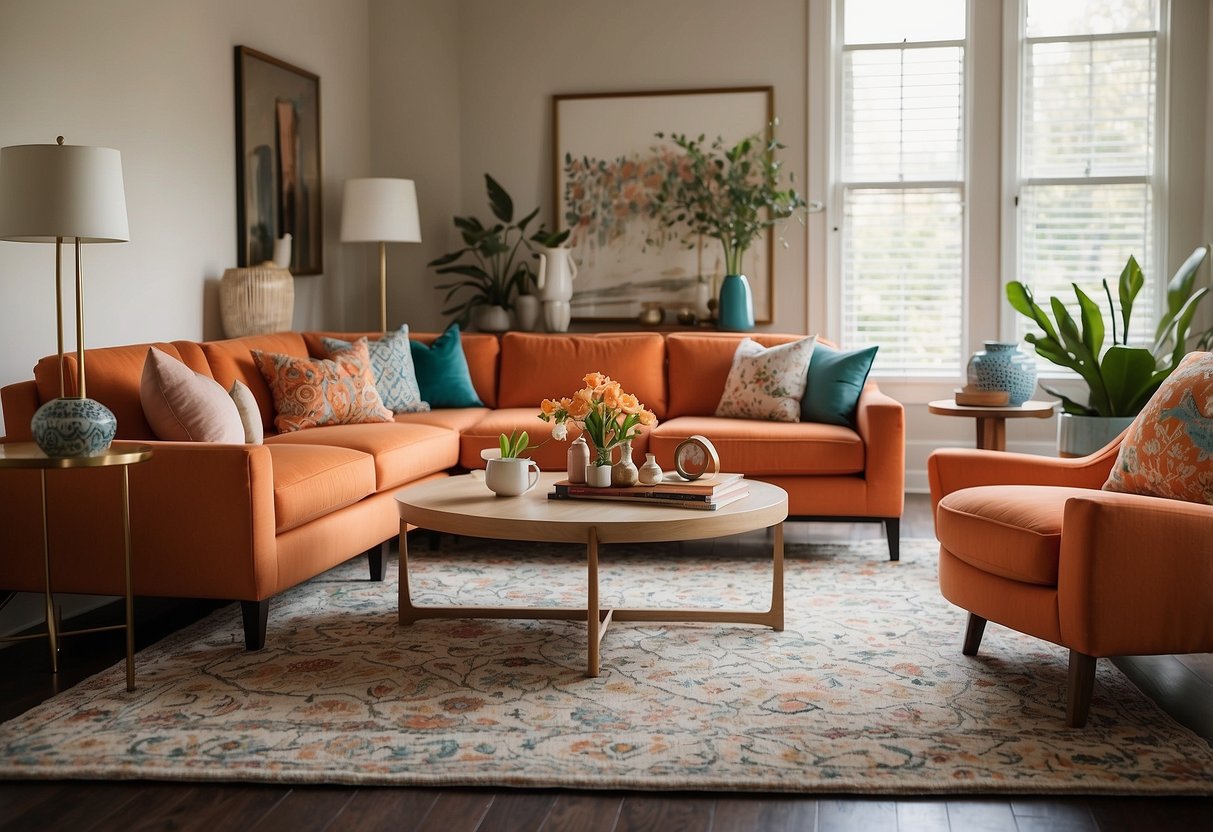 An orange sofa and armchairs sit in a bright living room. A patterned rug and throw pillows add pops of color. A sleek coffee table and modern artwork complete the space