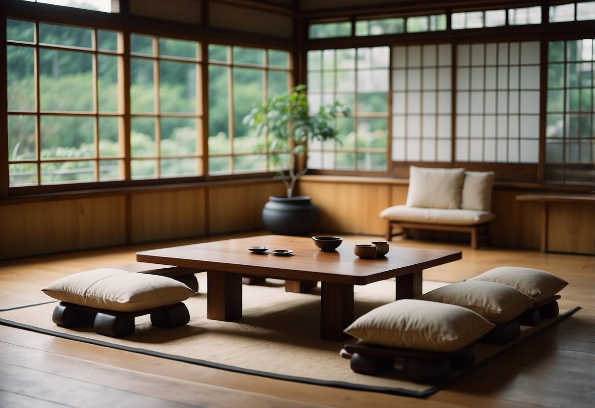 An open tatami room with low wooden tables and cushions, displaying traditional Japanese furniture