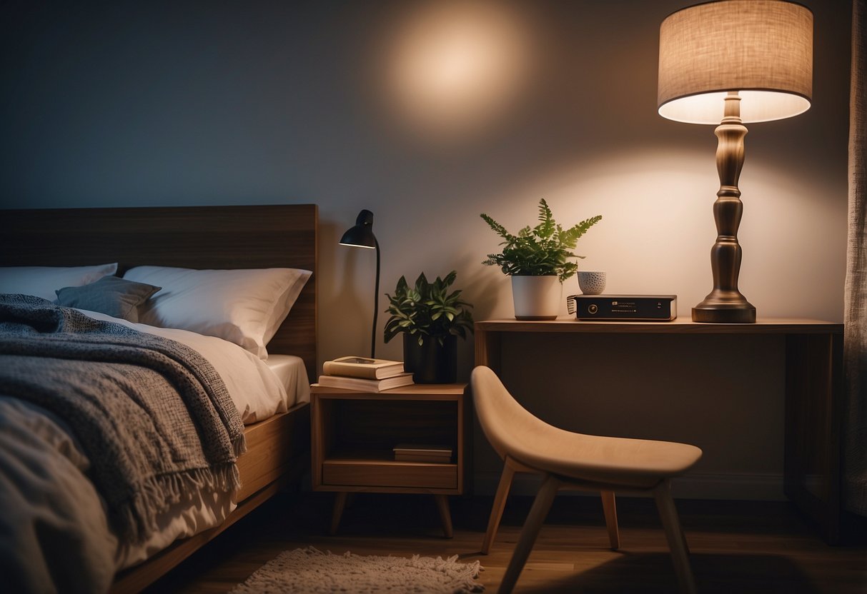 A cozy bedroom with a comfortable chair next to a nightstand, with a lamp and a stack of books on top