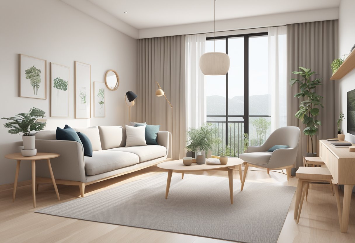 A cozy living room with minimalist Scandinavian furniture in a Singaporean apartment. Light wood, clean lines, and neutral colors create a modern and inviting space