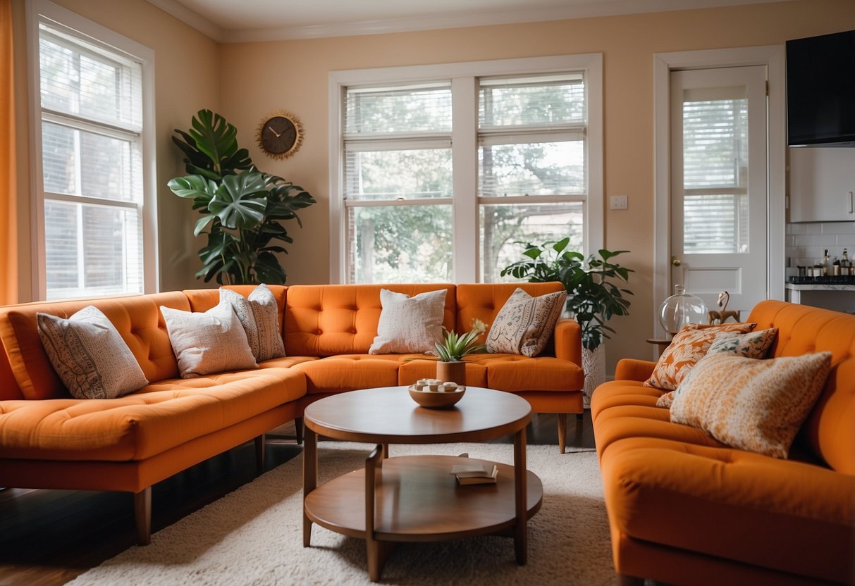An inviting living room with vibrant orange furniture, a cozy sofa, and a coffee table, creating a welcoming atmosphere for answering frequently asked questions