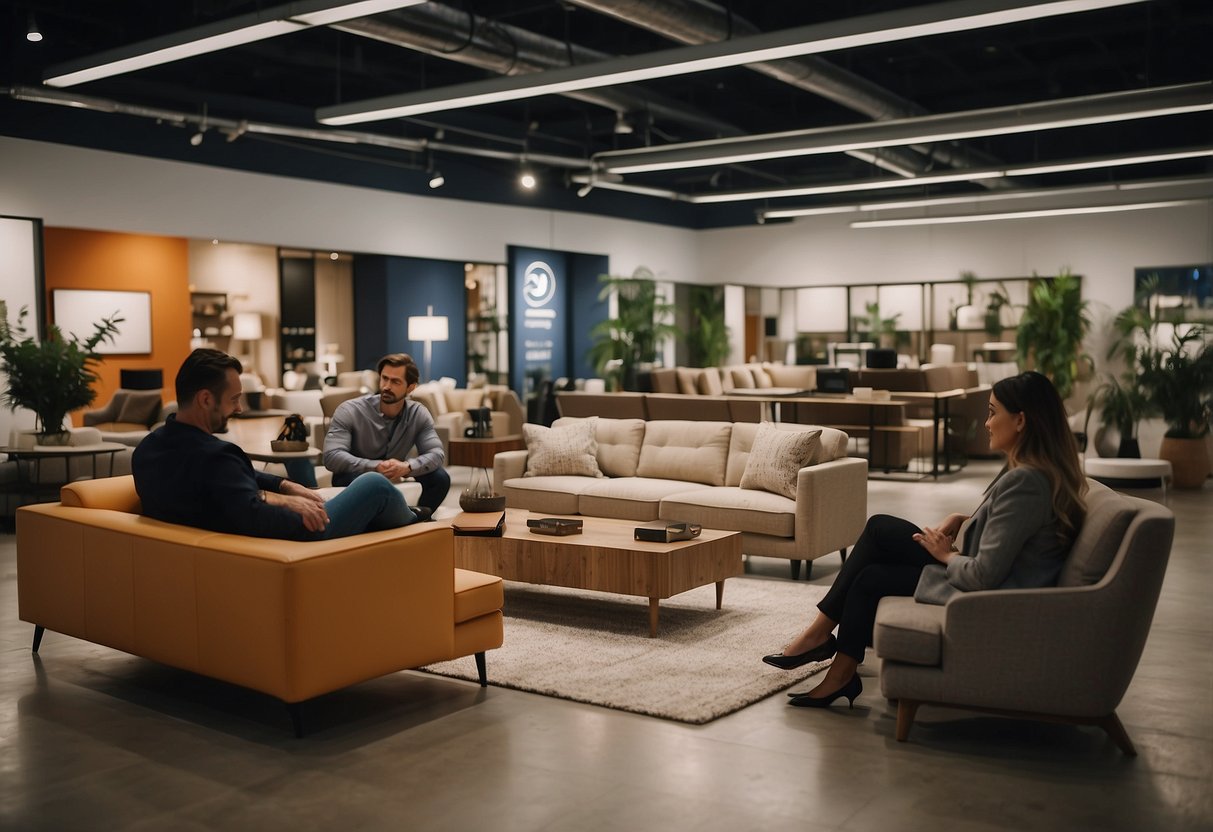 Customers browsing furniture in well-lit showrooms. Various styles and colors on display. Salespeople assisting and answering questions. Cozy atmosphere with comfortable seating options