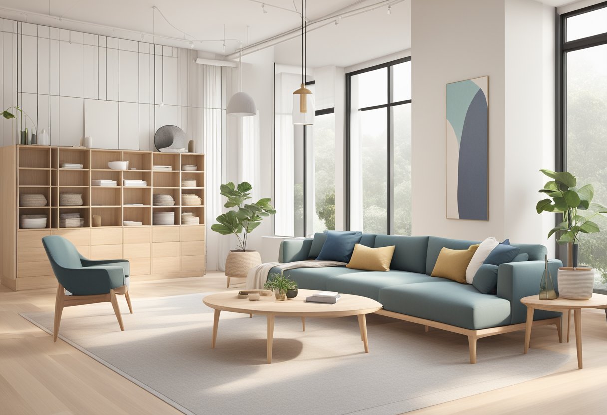 A bright, airy showroom in Singapore showcases sleek, minimalist Scandinavian style furniture, featuring clean lines, light wood tones, and cozy textiles