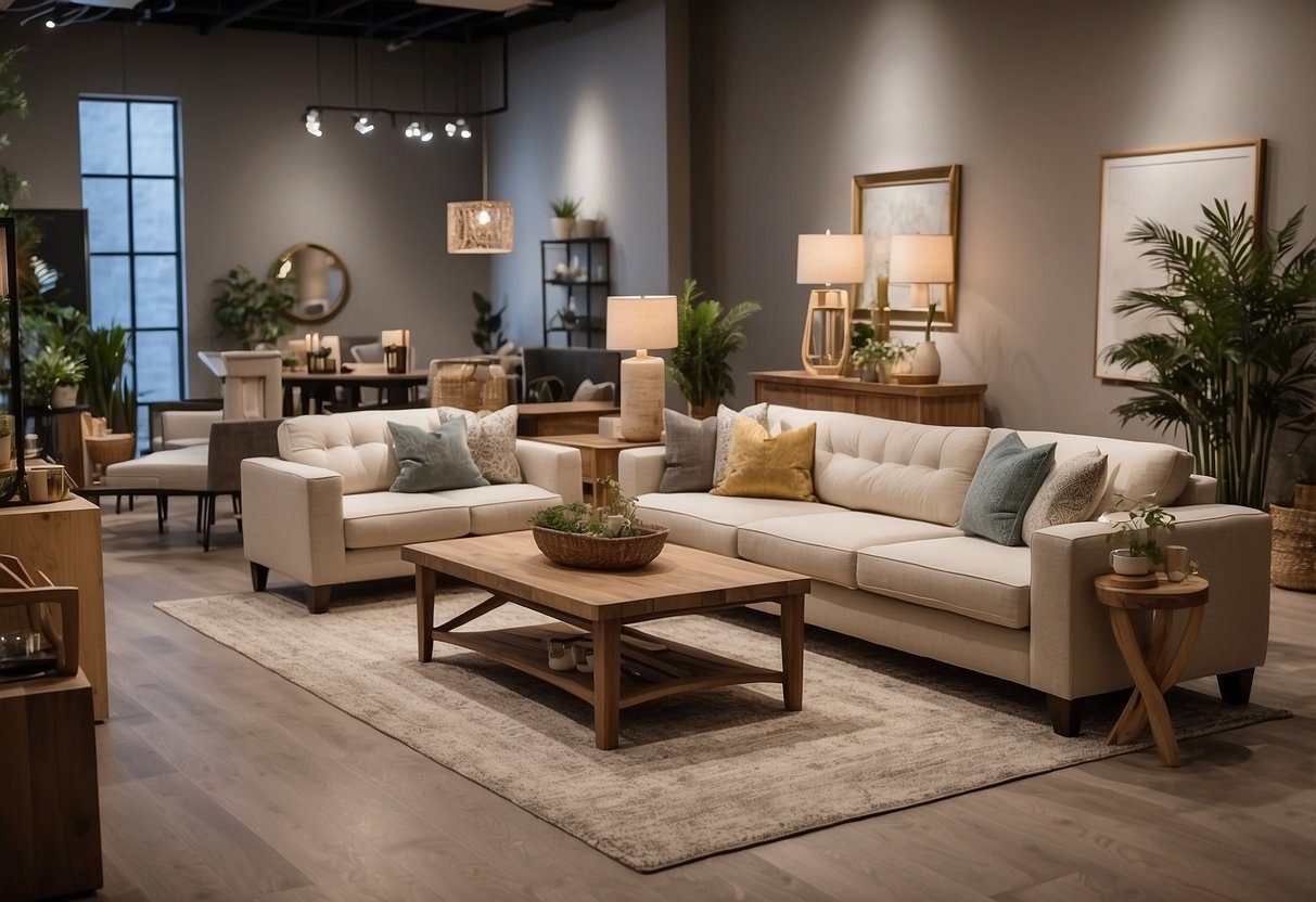 A spacious showroom displays a variety of furniture styles, from modern to rustic, arranged in room-like settings. Bright lighting and neutral walls create an inviting atmosphere