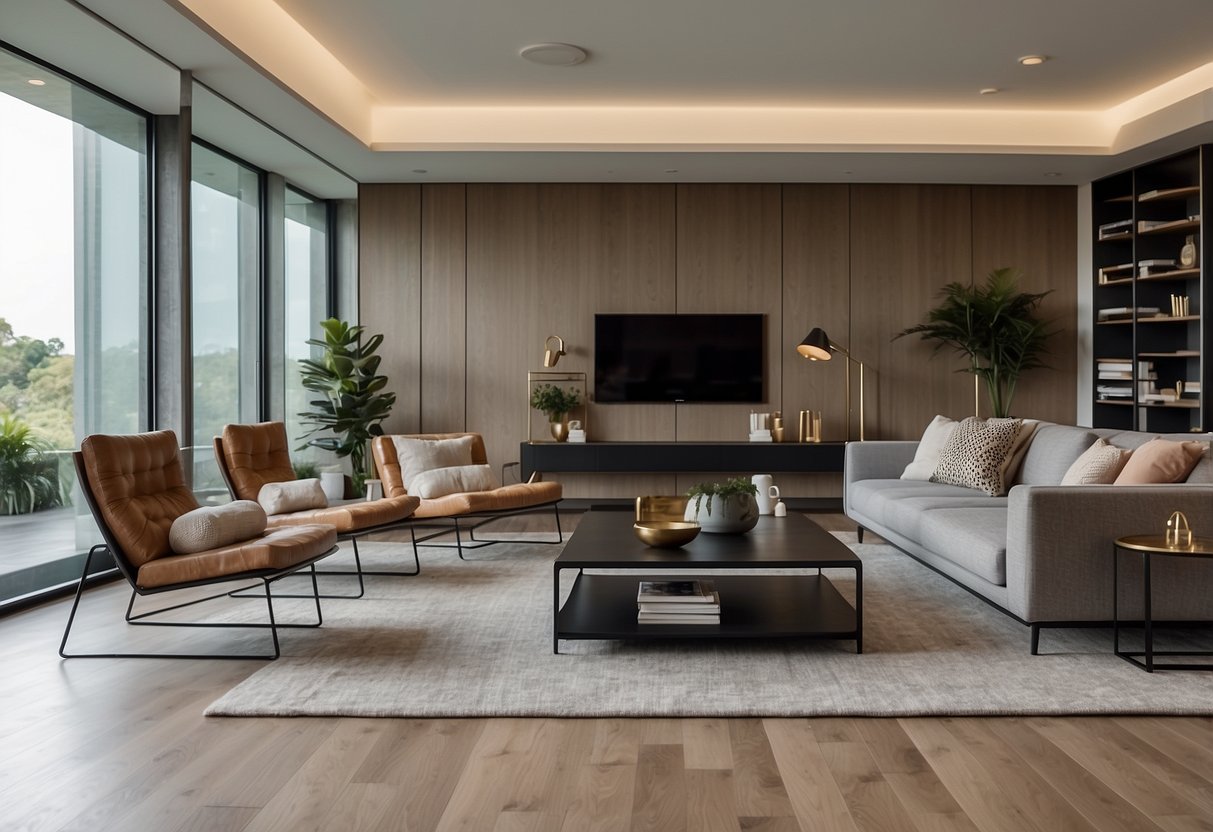 A modern living room with rectilinear furniture arranged in a symmetrical layout. Clean lines and minimalistic design create a sleek and contemporary atmosphere
