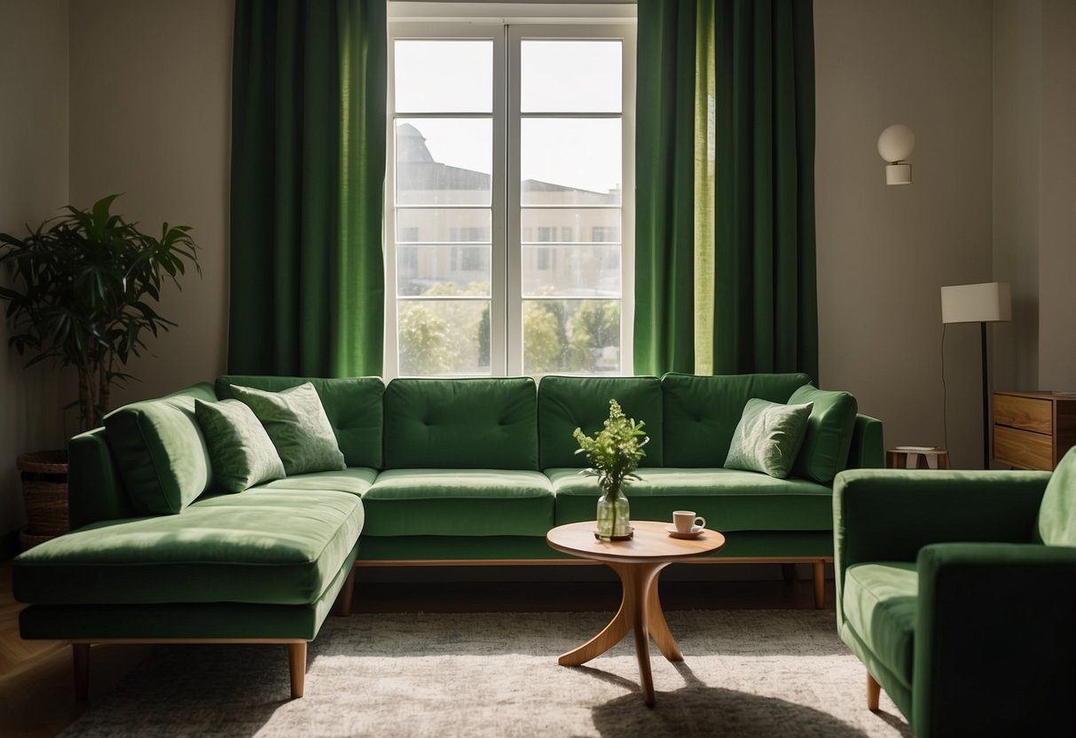A room with green furniture: a sofa, armchair, and coffee table. Sunlight streams through the window, casting shadows on the plush cushions