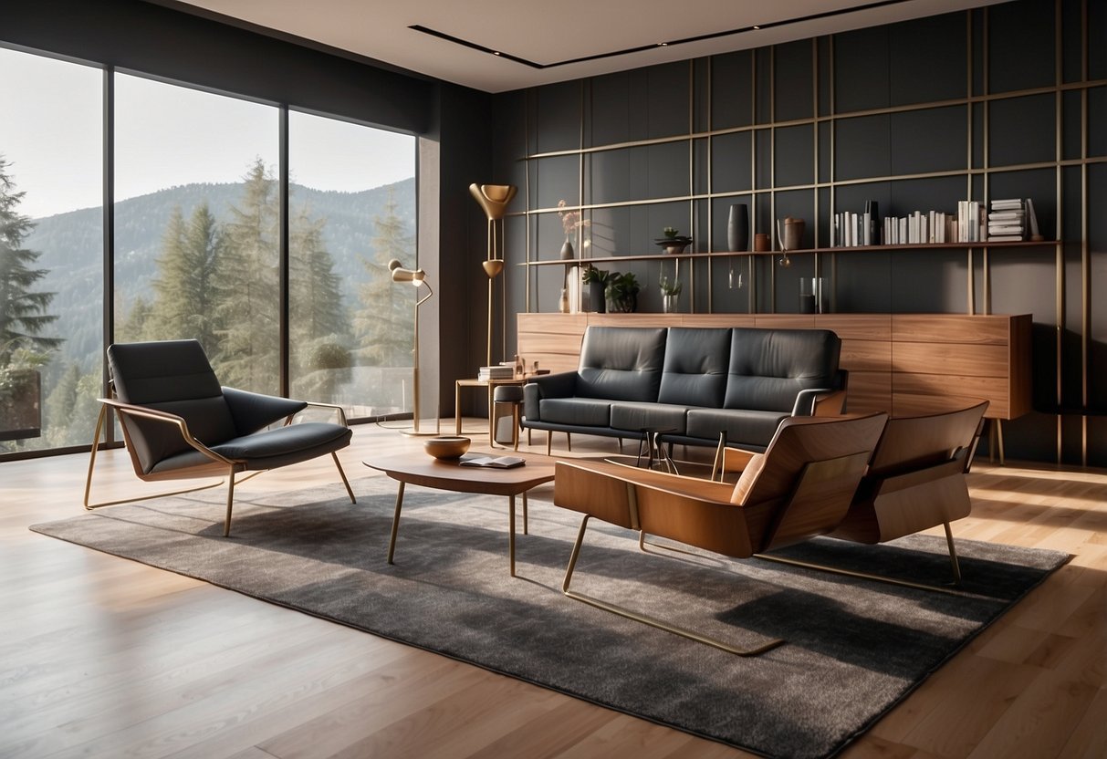 A room with rectilinear furniture made of wood and metal, featuring clean lines and sharp angles