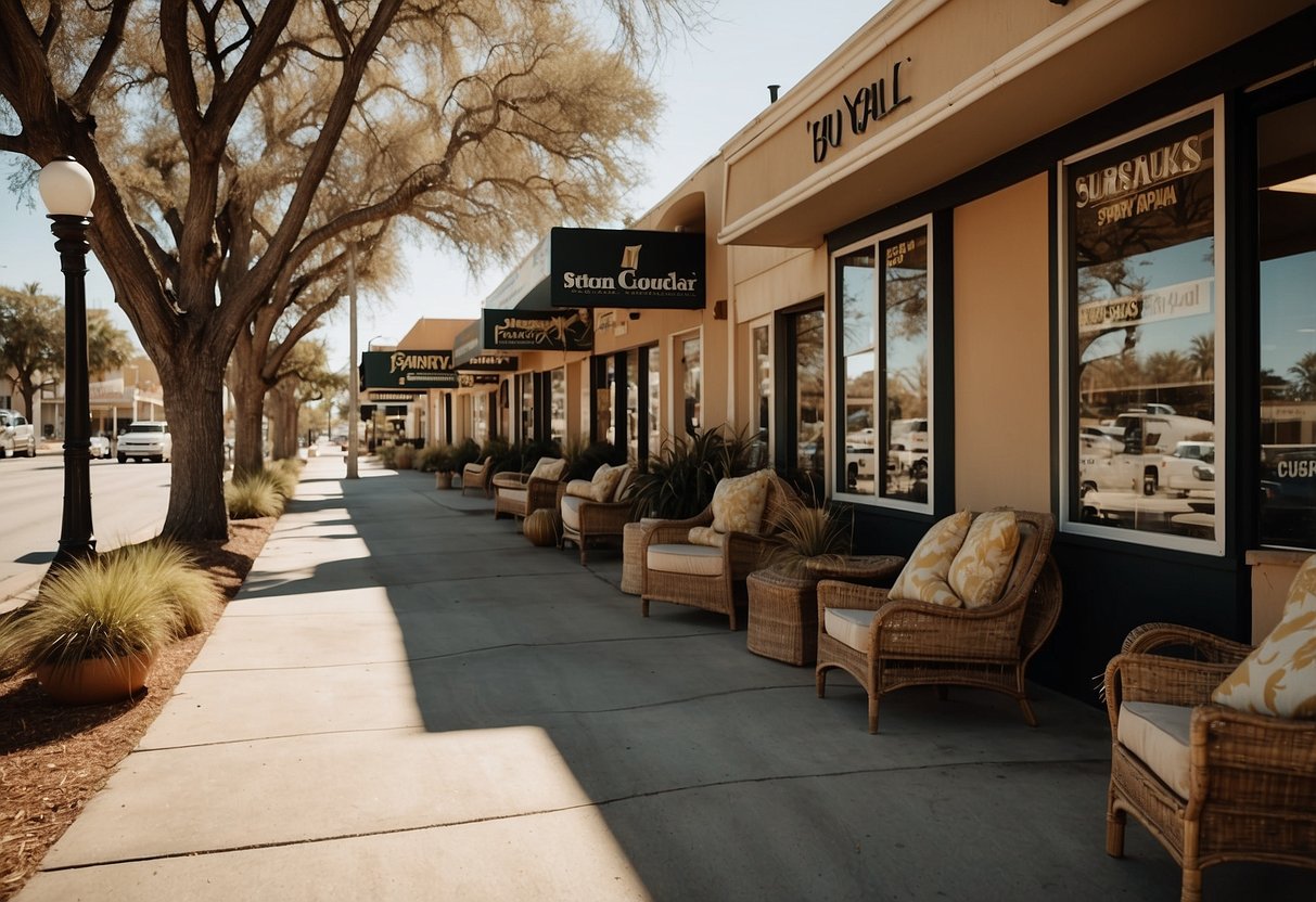 A sunny savannah landscape with a row of furniture stores, each with a unique sign and storefront design. Tall grass and sparse trees dot the horizon