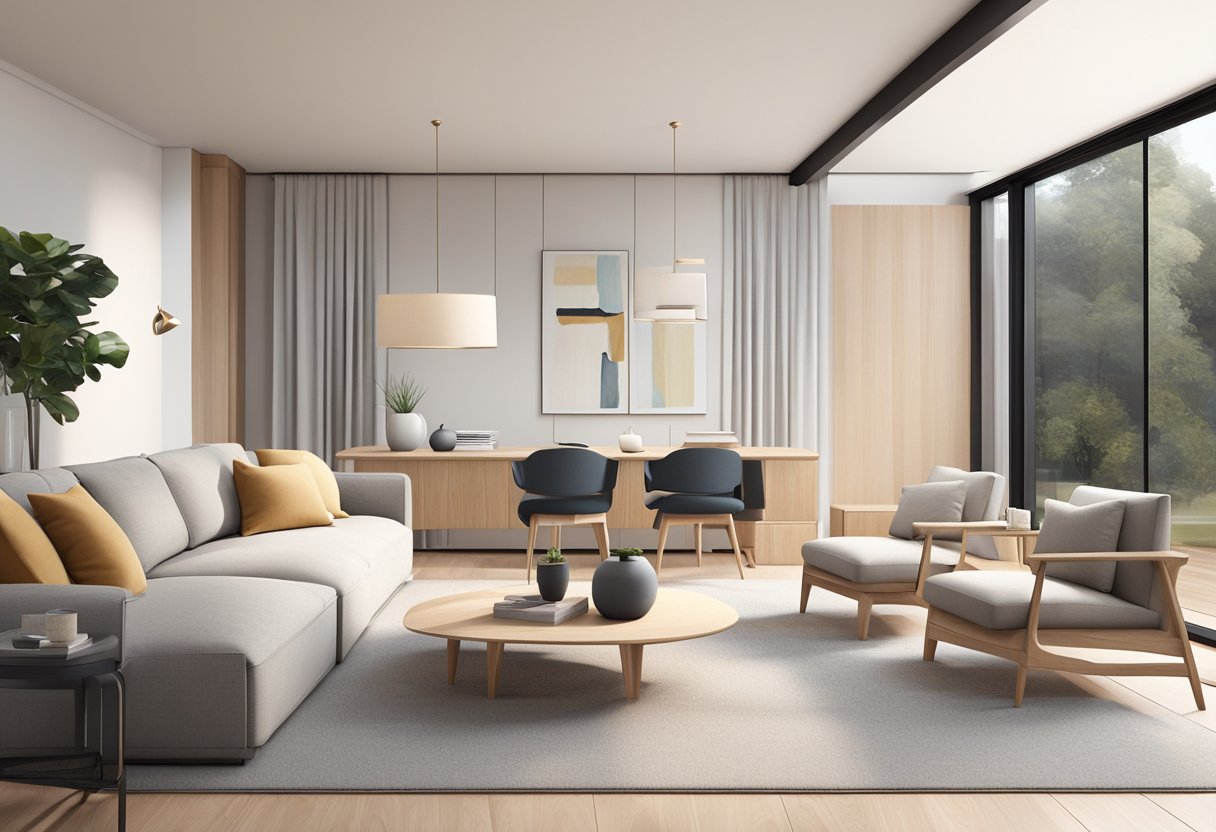 A cozy living room with clean lines, light wood furniture, and minimalistic decor. A large, plush area rug anchors the space, while a sleek coffee table and a statement armchair add a touch of modern elegance