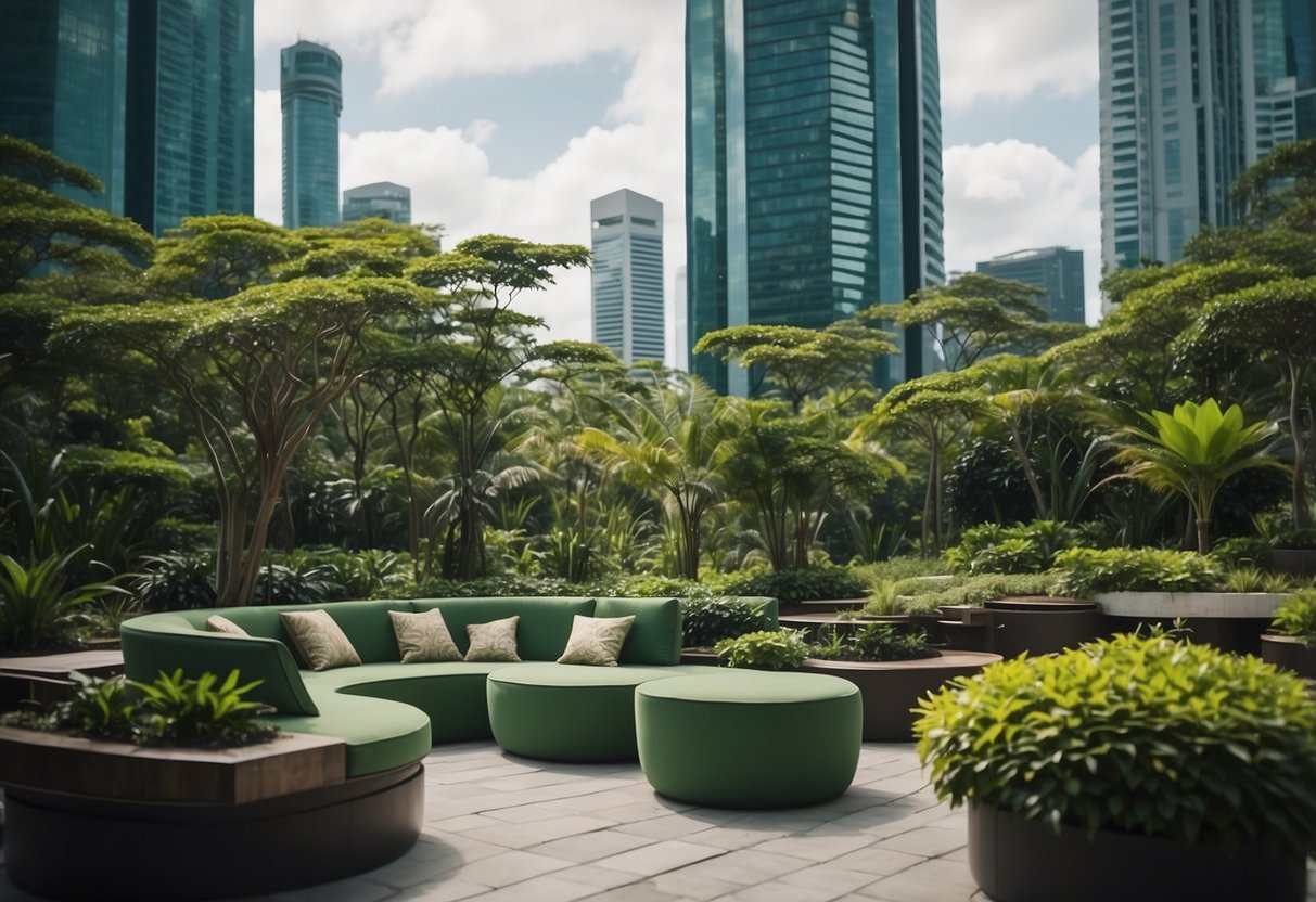 A lush garden with modern green furniture nestled among tall skyscrapers in Singapore. The furniture is made from sustainable materials and blends seamlessly with the natural surroundings