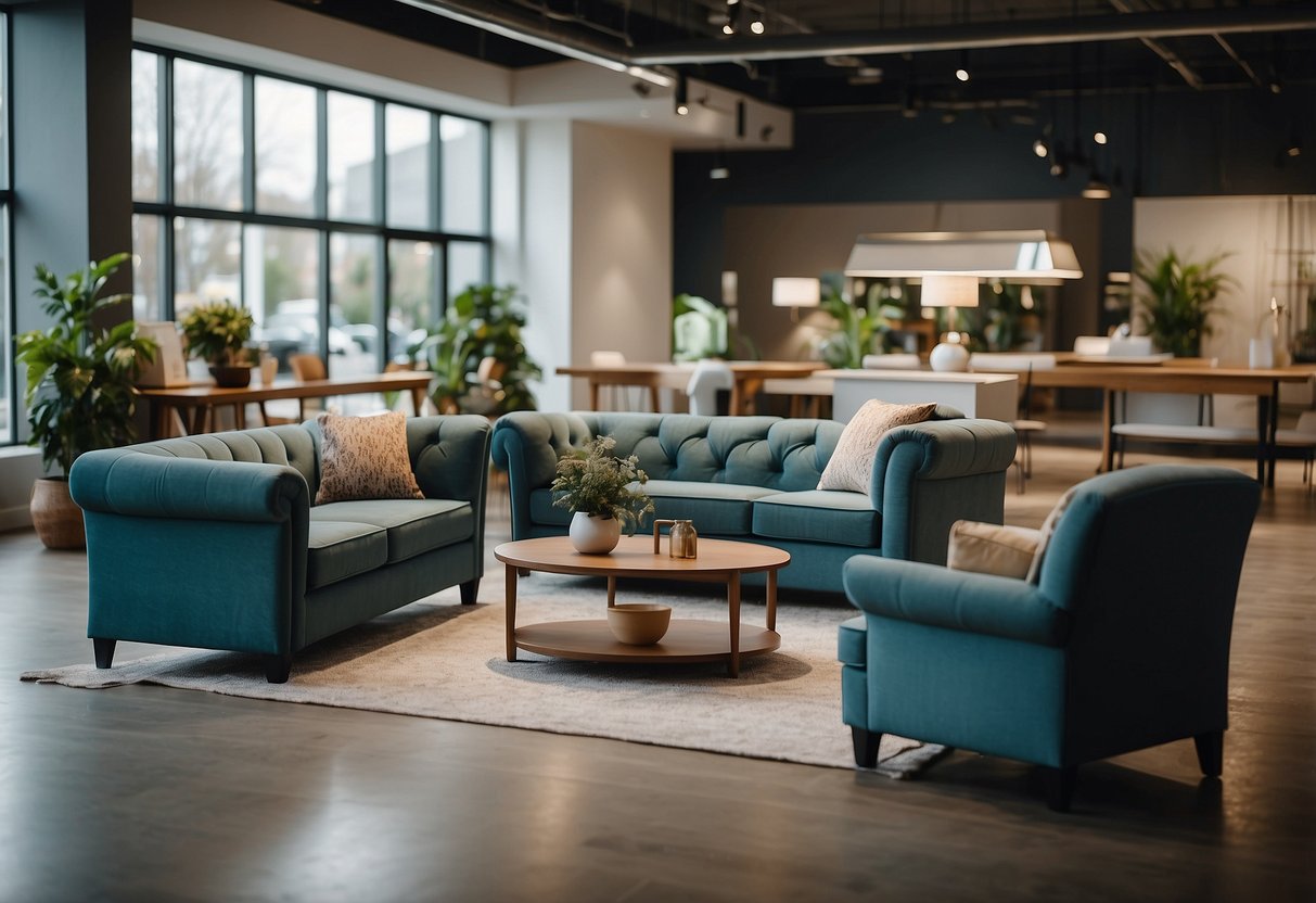 Rectilinear furniture arranged in a showroom with a sign "Frequently Asked Questions."