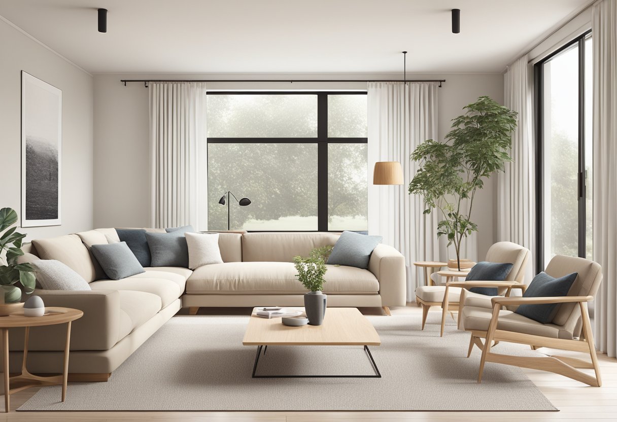 A cozy living room with minimalist Scandinavian furniture, featuring clean lines, light wood tones, and neutral colors. A sleek sofa, a stylish coffee table, and a modern armchair complete the scene
