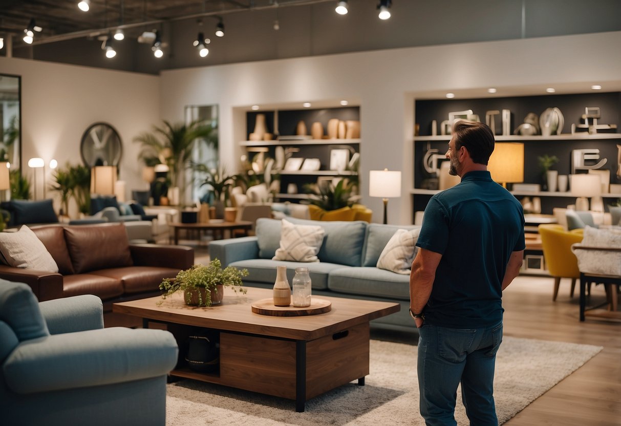 A customer browses through a showroom filled with modern furniture. Bright lighting and clean displays create an inviting atmosphere. Labels on the products highlight their sustainable and eco-friendly materials