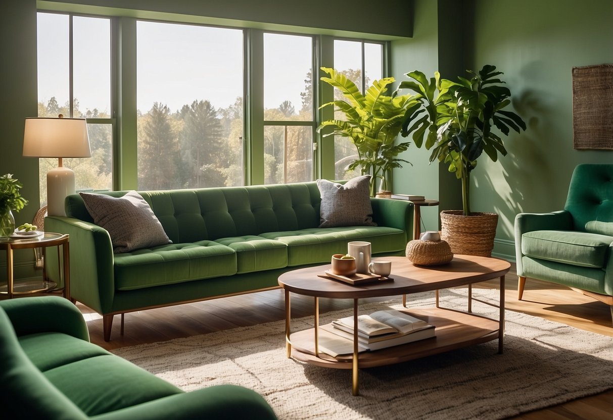 A cozy living room with a plush green sofa, matching armchair, and a sleek coffee table. The sunlight streaming in through the window highlights the vibrant green hues of the furniture