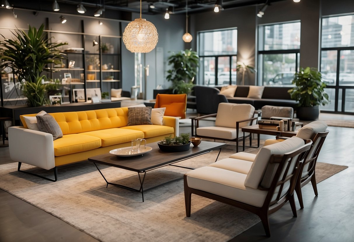 A bright and inviting showroom with modern furniture displays and labeled sections for easy navigation