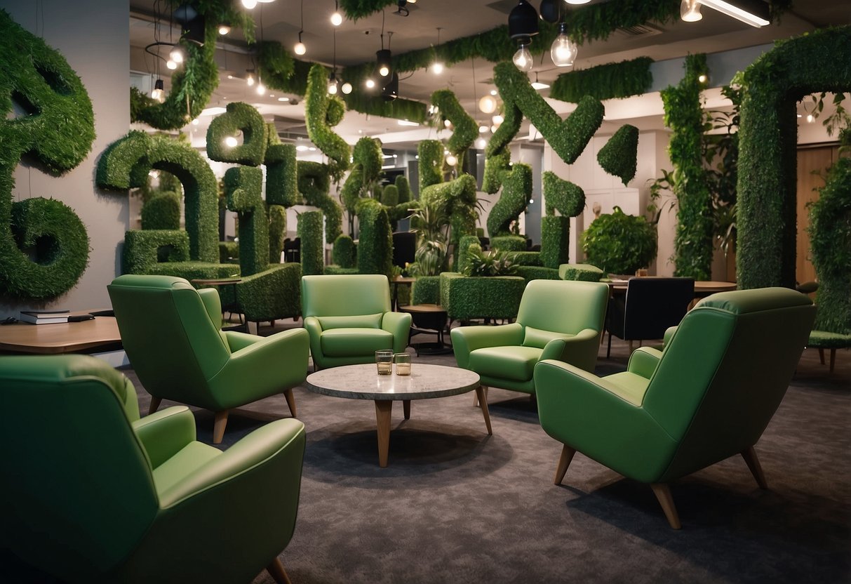 A room with vibrant green furniture arranged neatly, surrounded by curious onlookers with question marks floating above their heads