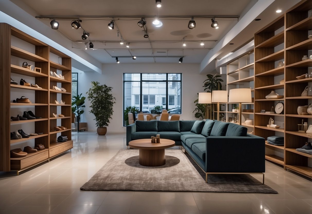 A spacious showroom with modern and classic furniture displays. Bright lighting and clean, organized shelves and displays. Comfortable seating areas for customers to try out different pieces