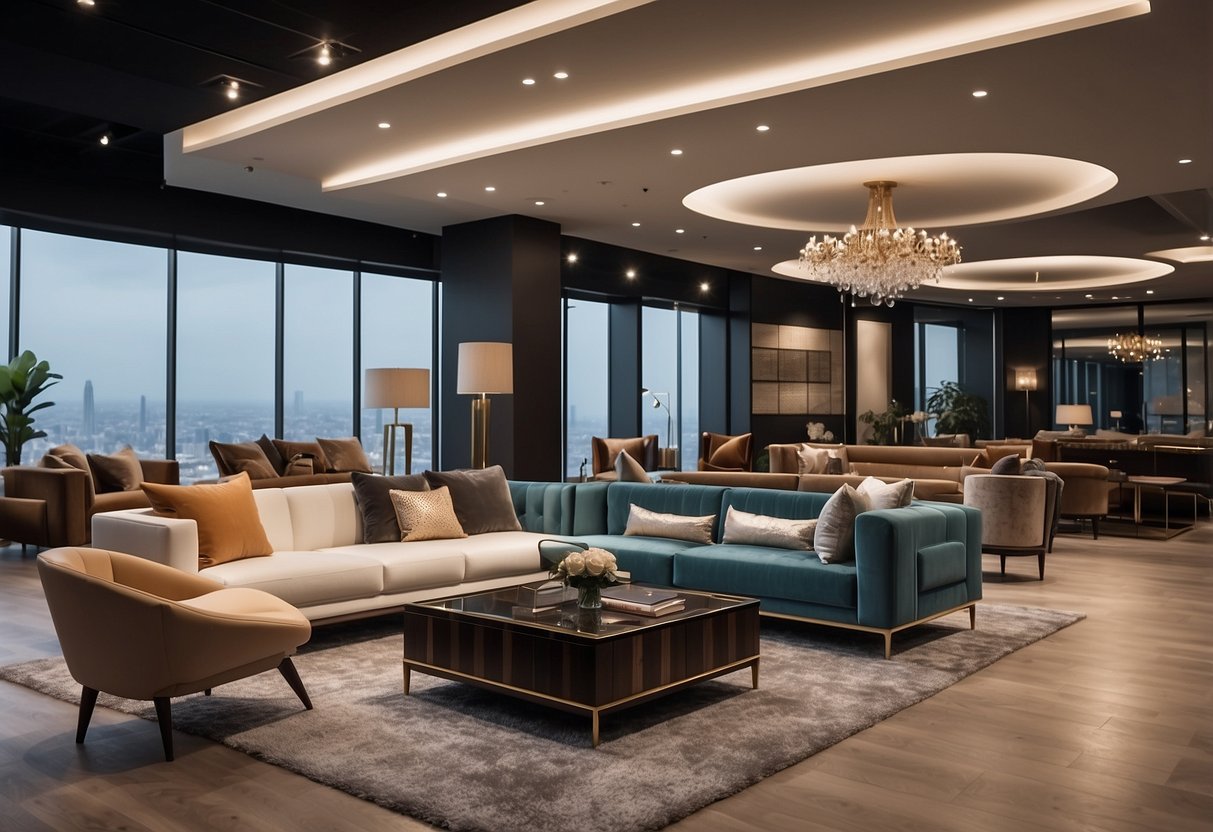 A spacious showroom displays modern and elegant Topaz furniture collections, with sleek lines and luxurious fabrics, creating a sophisticated and inviting atmosphere