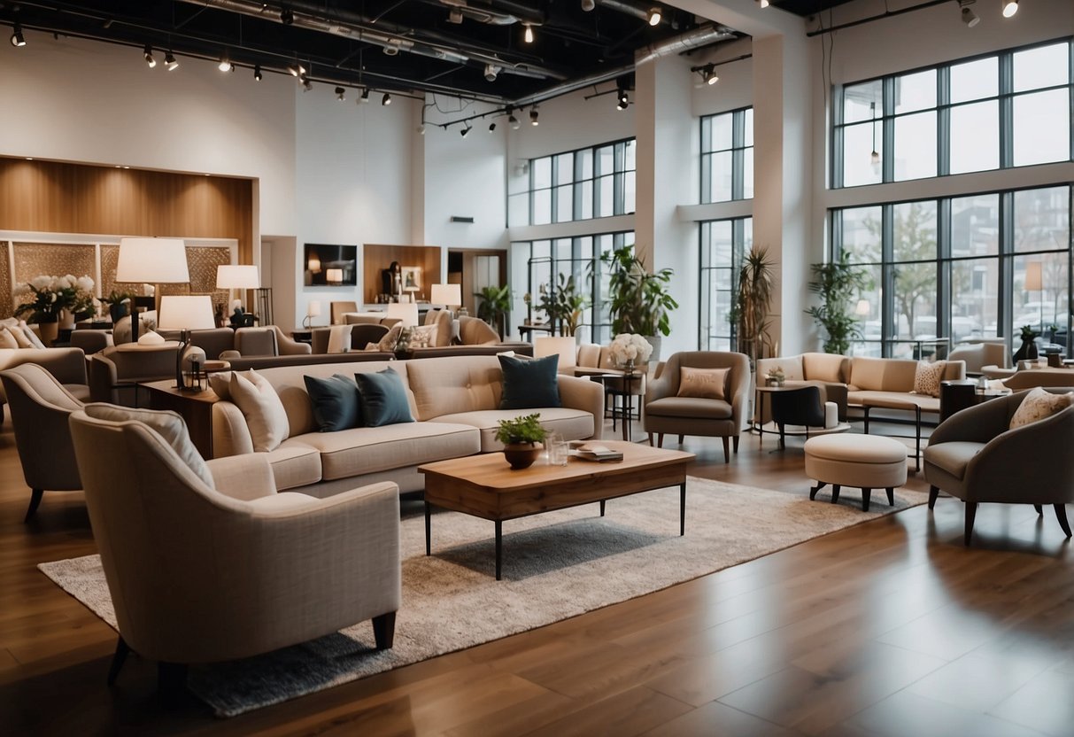 Customers browsing through elegant furniture displays in a spacious, well-lit showroom