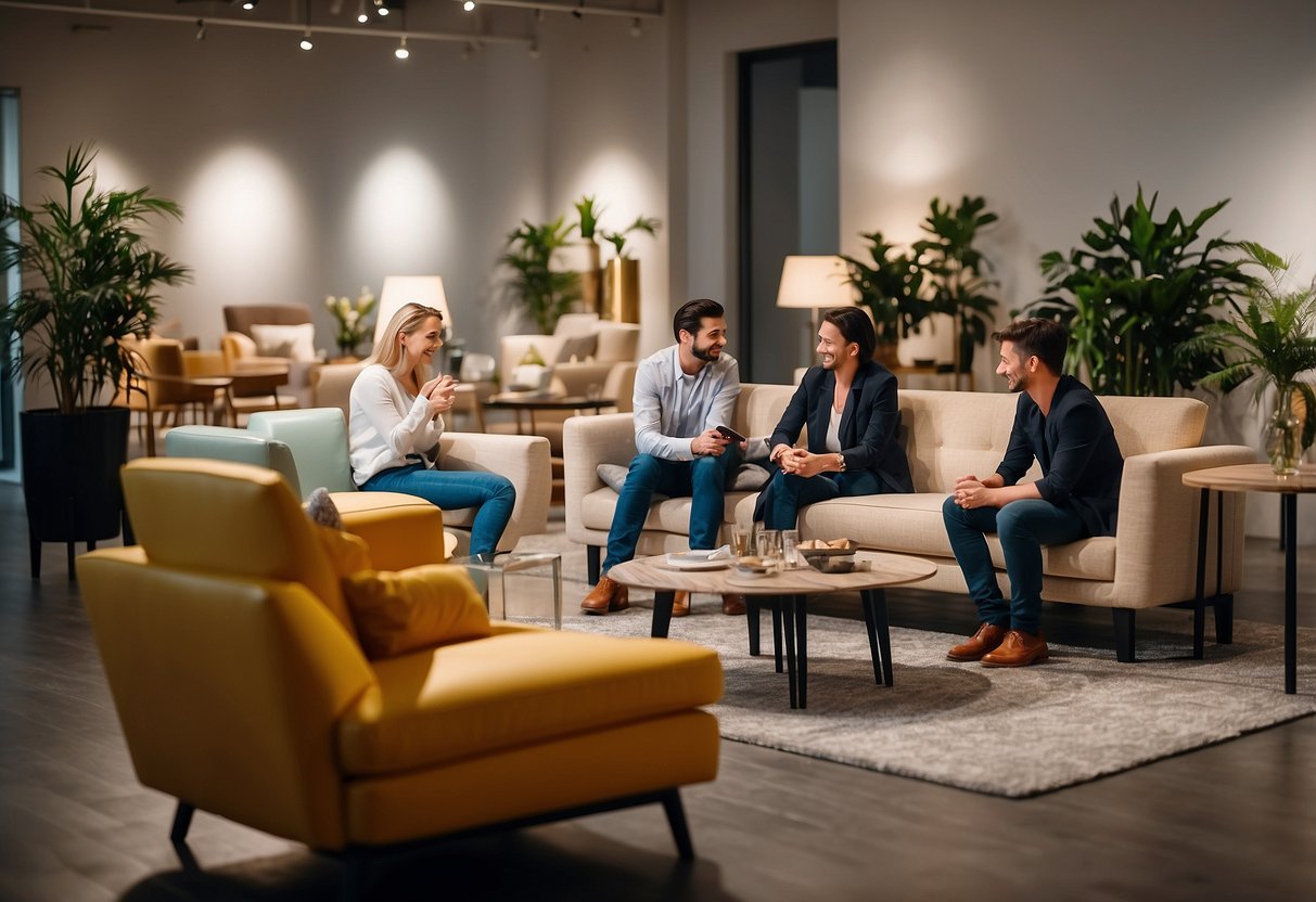 Customers browsing furniture, sitting on sofas, testing chairs, and examining tables. Brightly lit showroom with various styles and designs on display