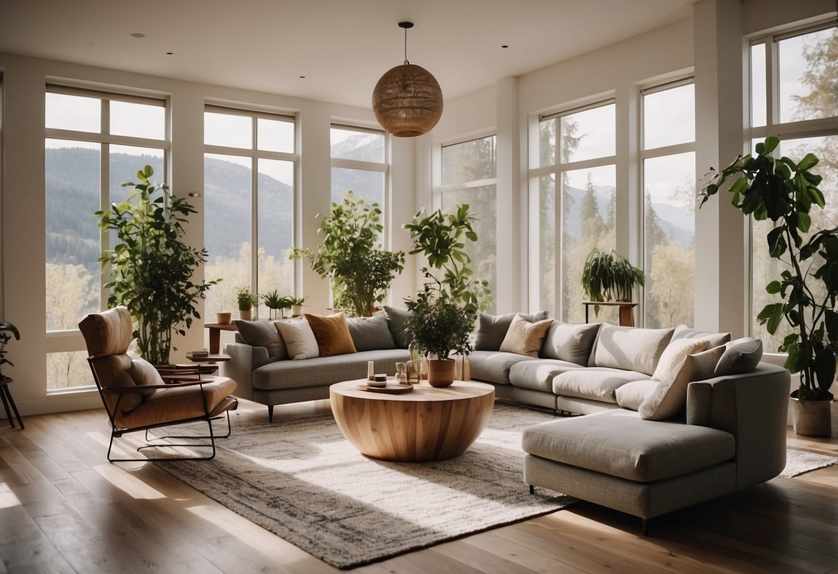 A modern living room with eco-friendly furniture, natural materials, and stylish designs. The space is well-lit with large windows and features sustainable decor