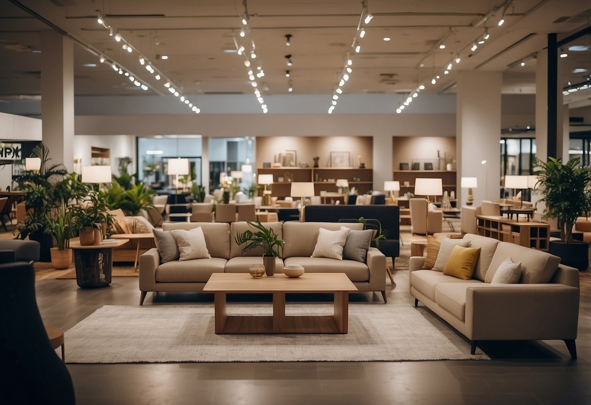 Customers browse modern and traditional furniture in a spacious, well-lit showroom with sleek displays and friendly staff