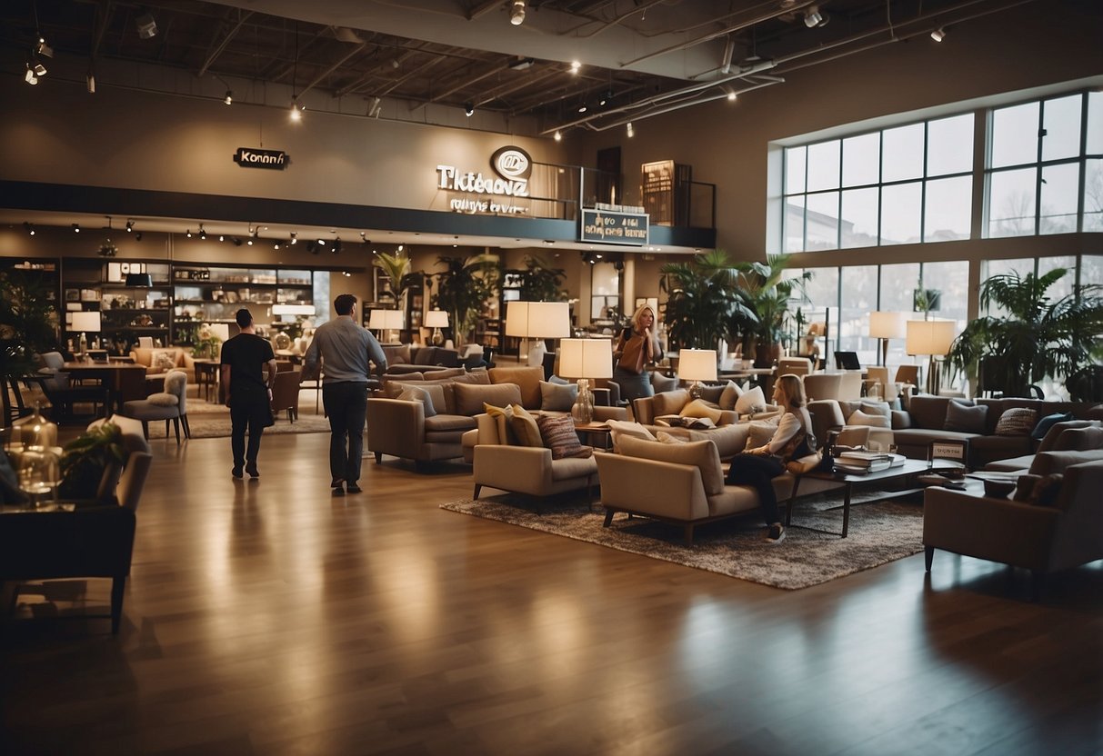 A busy furniture store with customers browsing items, salespeople assisting, and a sign displaying "Frequently Asked Questions" section