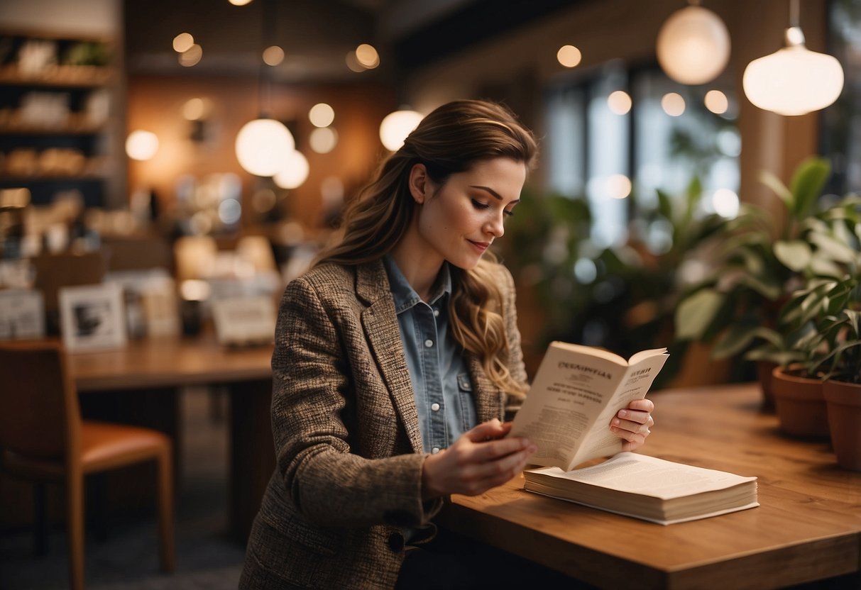 A customer browsing through a pamphlet labeled "Frequently Asked Questions" in a cozy furniture shop