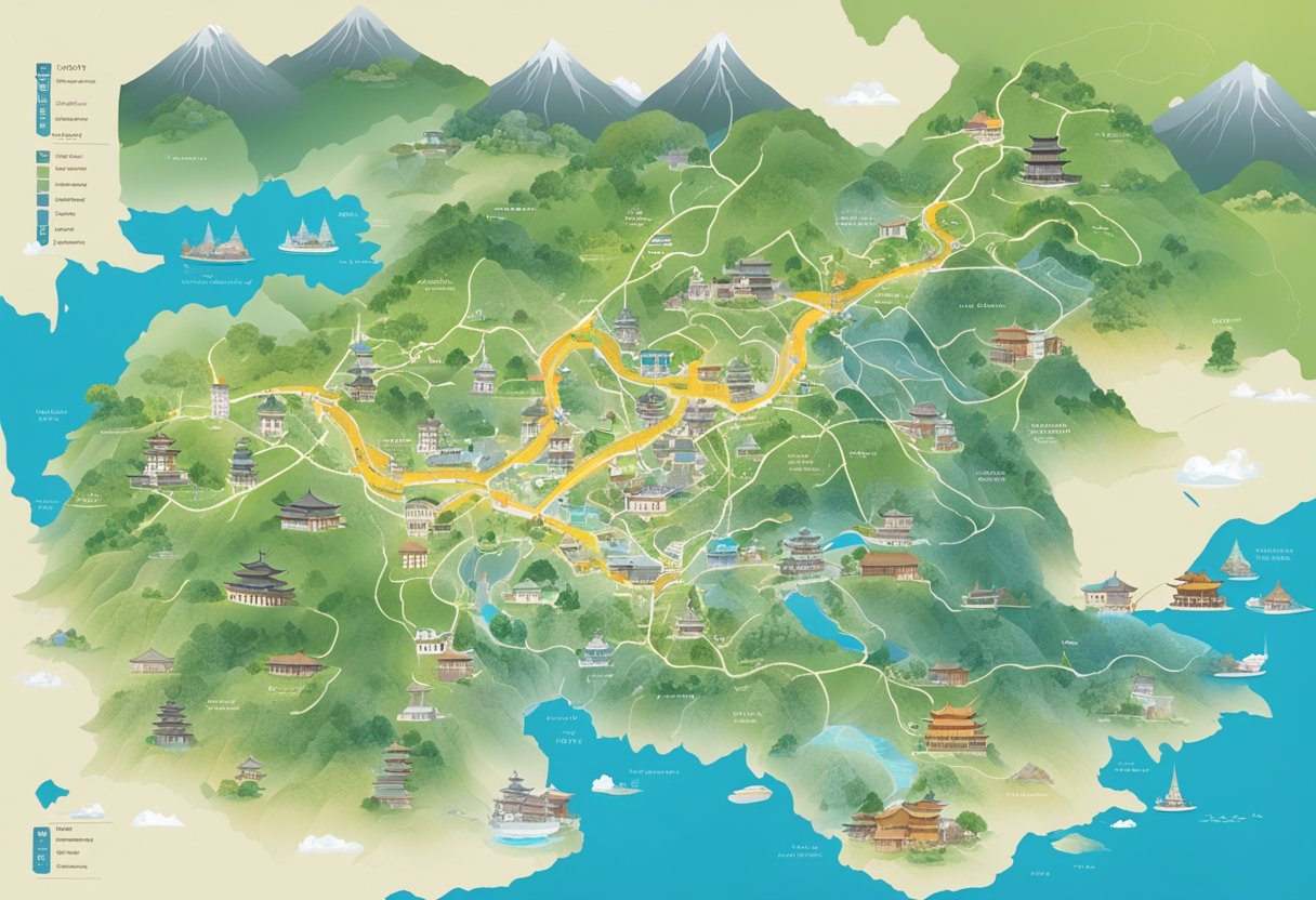Kyoto's map with highlighted districts and landmarks, surrounded by mountains and rivers