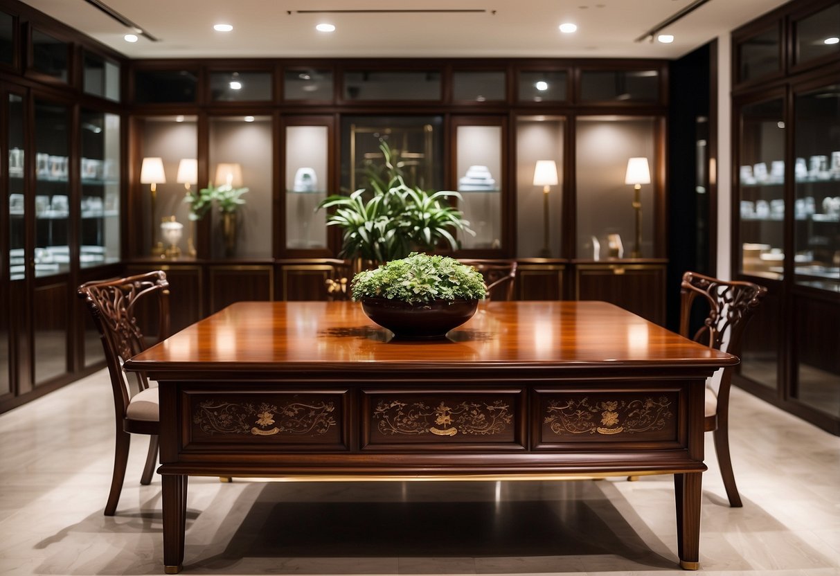A showroom displays elegant rosewood furniture in Singapore for sale. Rich colors and intricate designs adorn the polished pieces