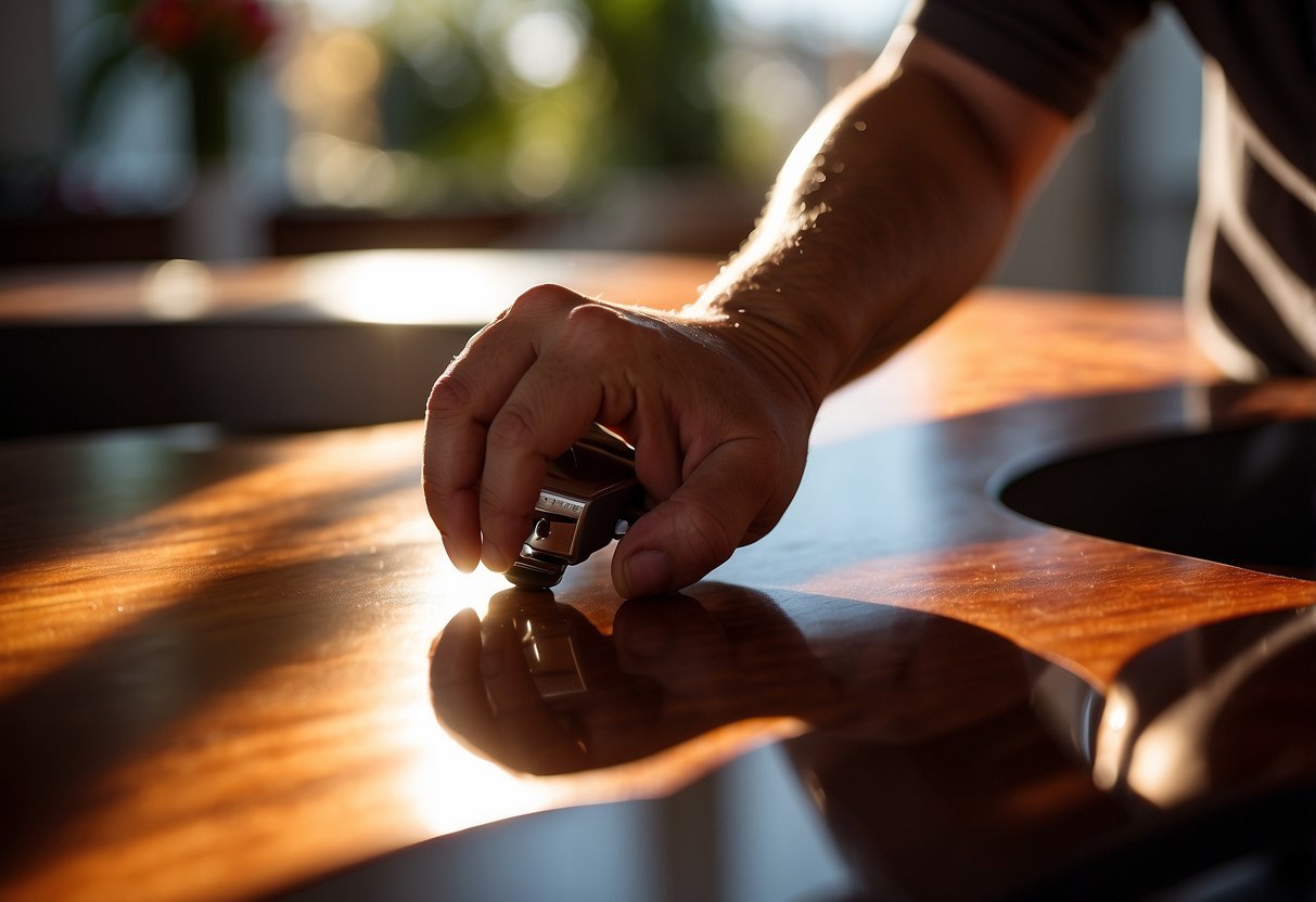 A gentle hand polishes a gleaming rosewood table, sunlight filtering through the window onto its rich, reddish-brown surface