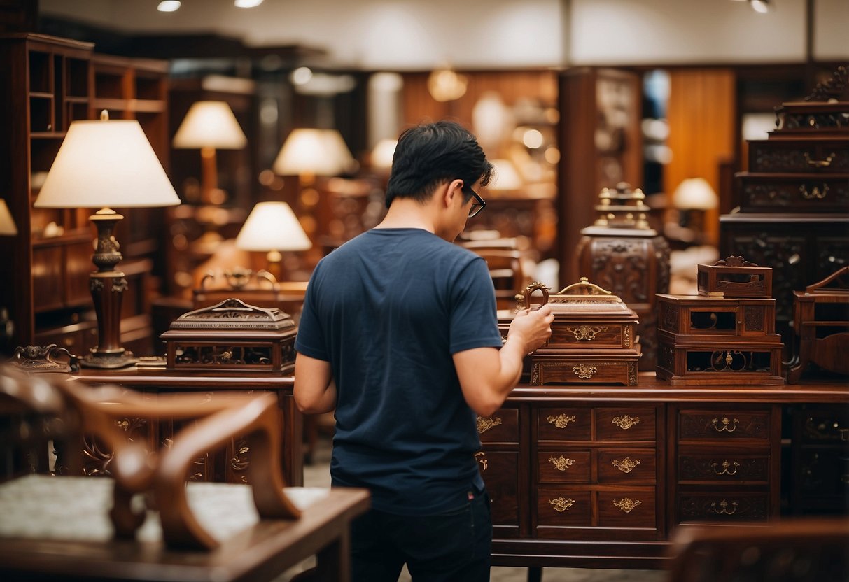 A customer browsing through a variety of rosewood furniture pieces at a sale event in Singapore