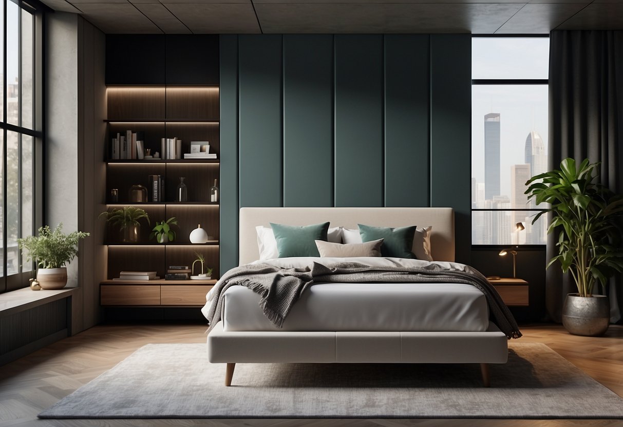 A sleek, modern bed with integrated technology and storage, set in a stylish bedroom with clean lines and minimalist decor