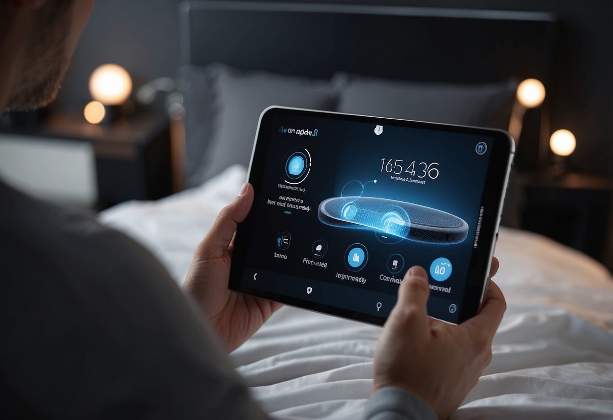 A person adjusts smart bed settings via mobile app, with built-in massage and adjustable firmness for ultimate comfort