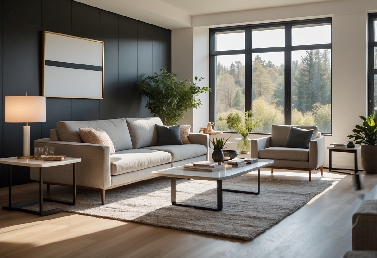 A modern living room with sleek spf furniture, including a minimalist sofa, coffee table, and bookshelf. The room is bathed in natural light from large windows, creating a bright and airy atmosphere
