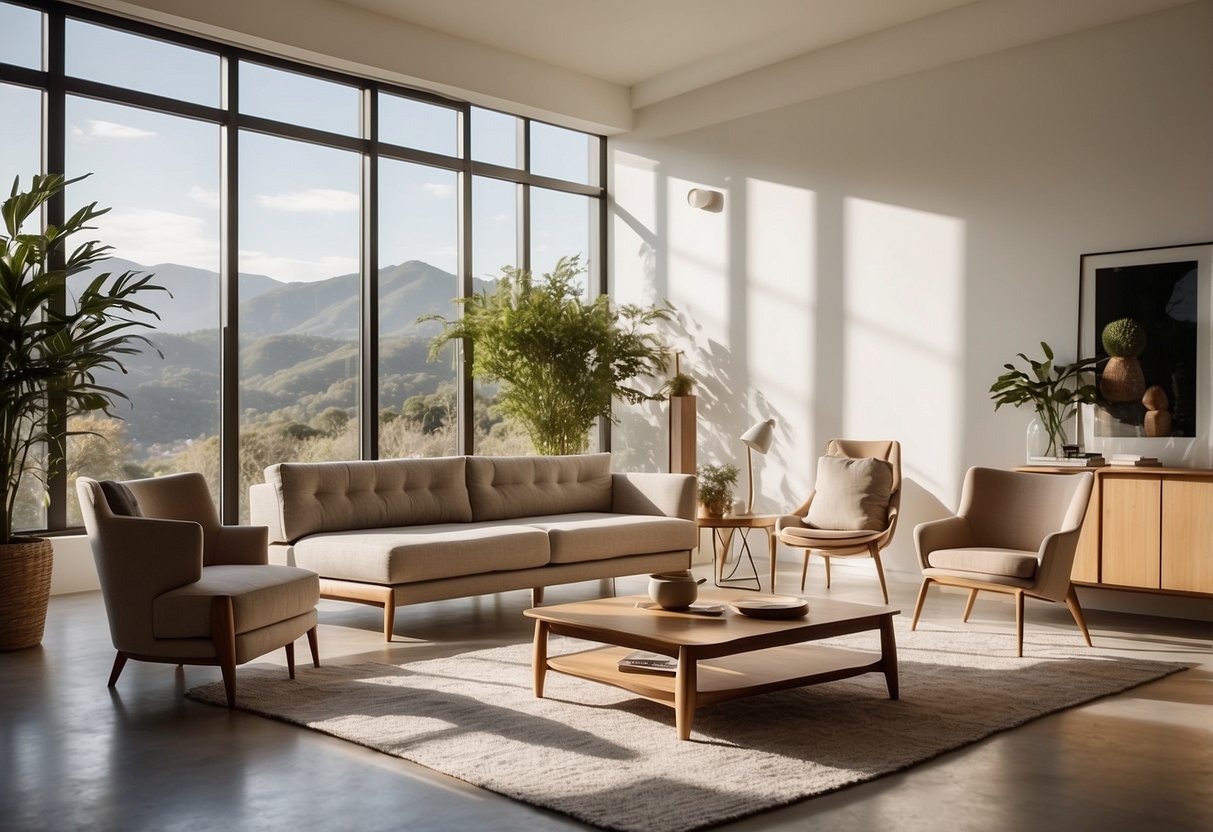 A bright, sunlit room with modern, sleek furniture arranged in a minimalist style. The sunlight streams in through the windows, casting a warm glow on the clean lines and smooth surfaces of the SPF furniture