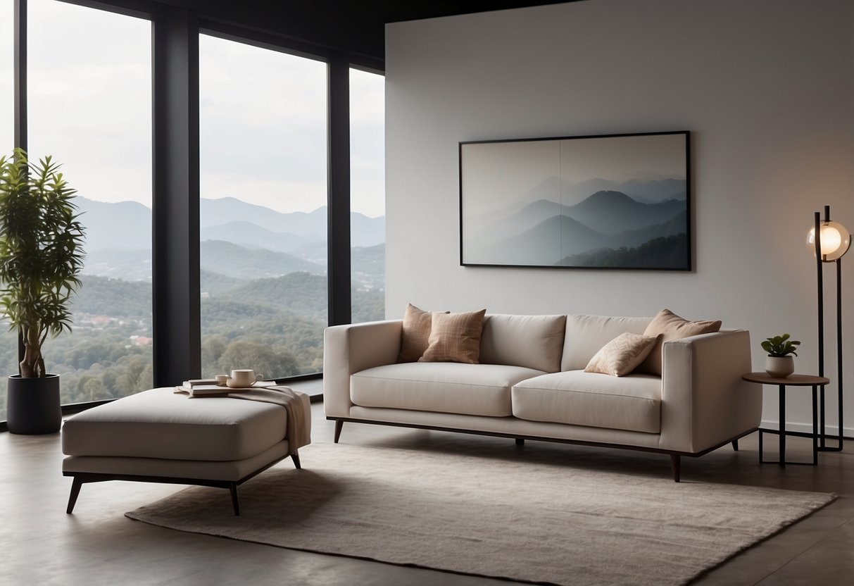 A sleek, modern furniture set sits in a minimalist, controlled environment. The lighting is soft, and the colors are neutral, creating a serene and sophisticated atmosphere
