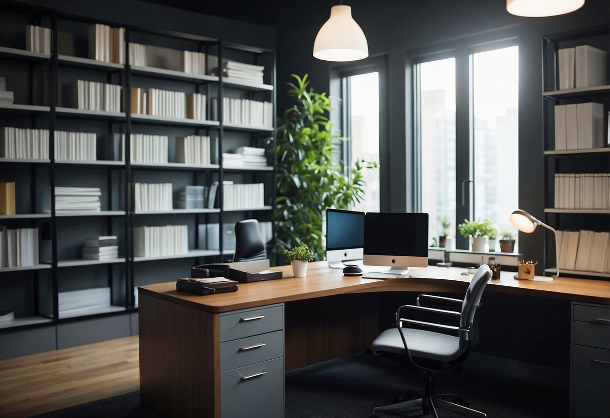 The office furniture is arranged neatly, with a sleek desk and ergonomic chair. Shelves are filled with files and books, while a modern lamp illuminates the space