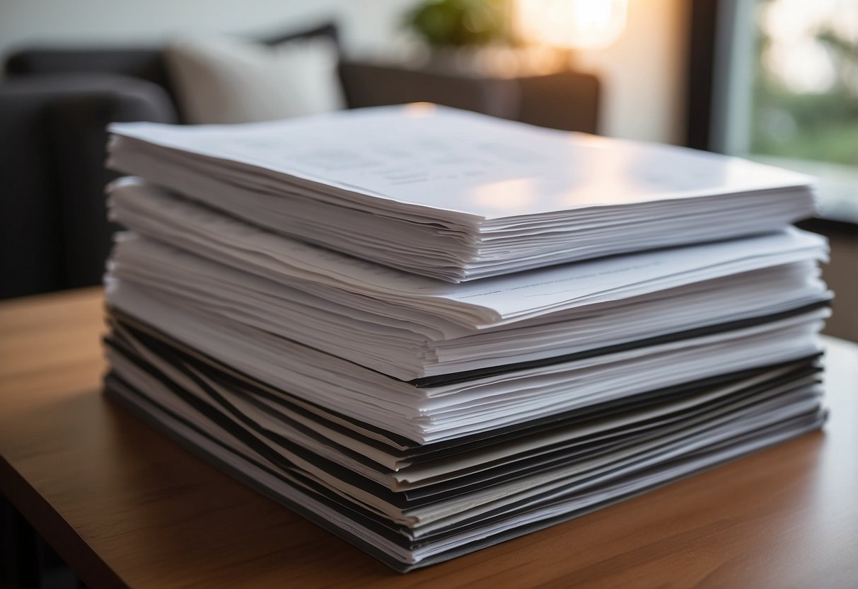 A stack of FAQ sheets next to modern furniture pieces