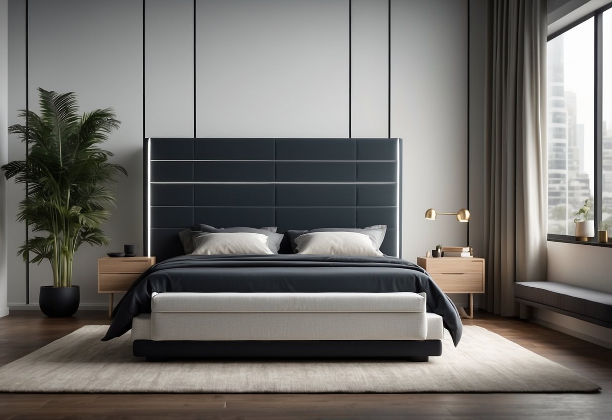 A smart bed in a modern bedroom, with integrated technology and sleek design