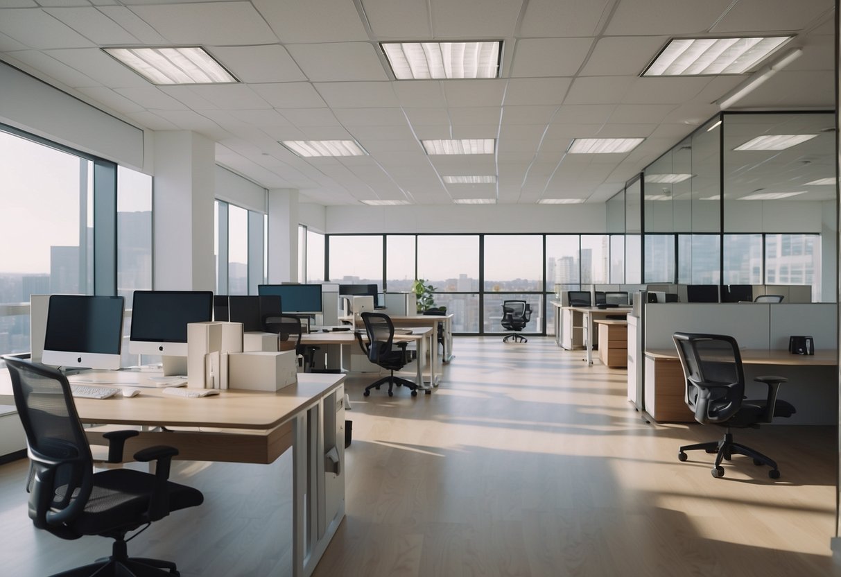 A spacious office with modern desks, ergonomic chairs, and sleek storage units. Bright natural light fills the room, creating a welcoming and productive environment