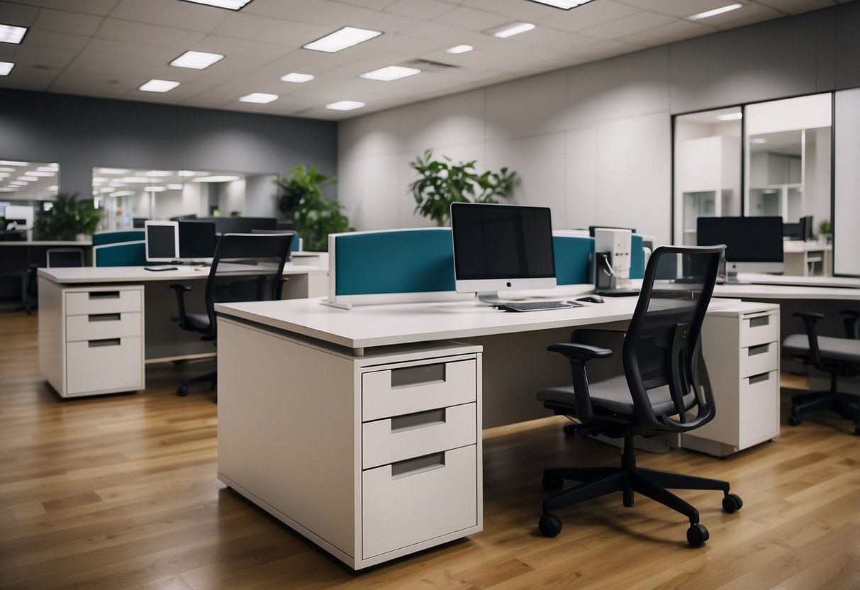 A modern office furniture showroom with sleek desks, ergonomic chairs, and stylish storage solutions. Bright lighting and clean lines create a professional atmosphere