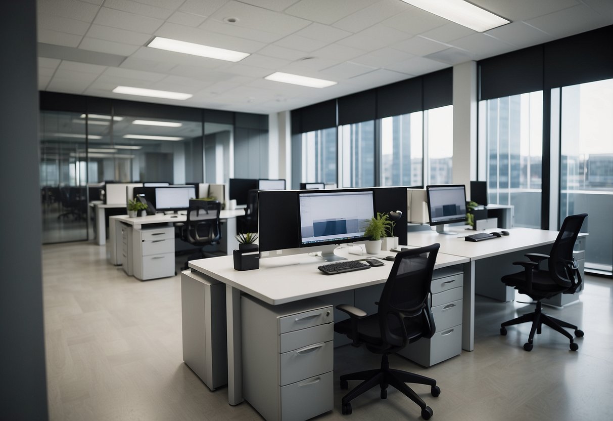 A modern office with sleek desks, ergonomic chairs, and stylish storage units. The space is well-lit and organized, with a contemporary design aesthetic