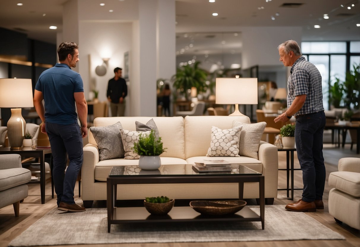 Customers browsing through Star Furniture's showroom, examining various pieces and discussing their quality and design. Bright lighting and modern decor create a welcoming atmosphere