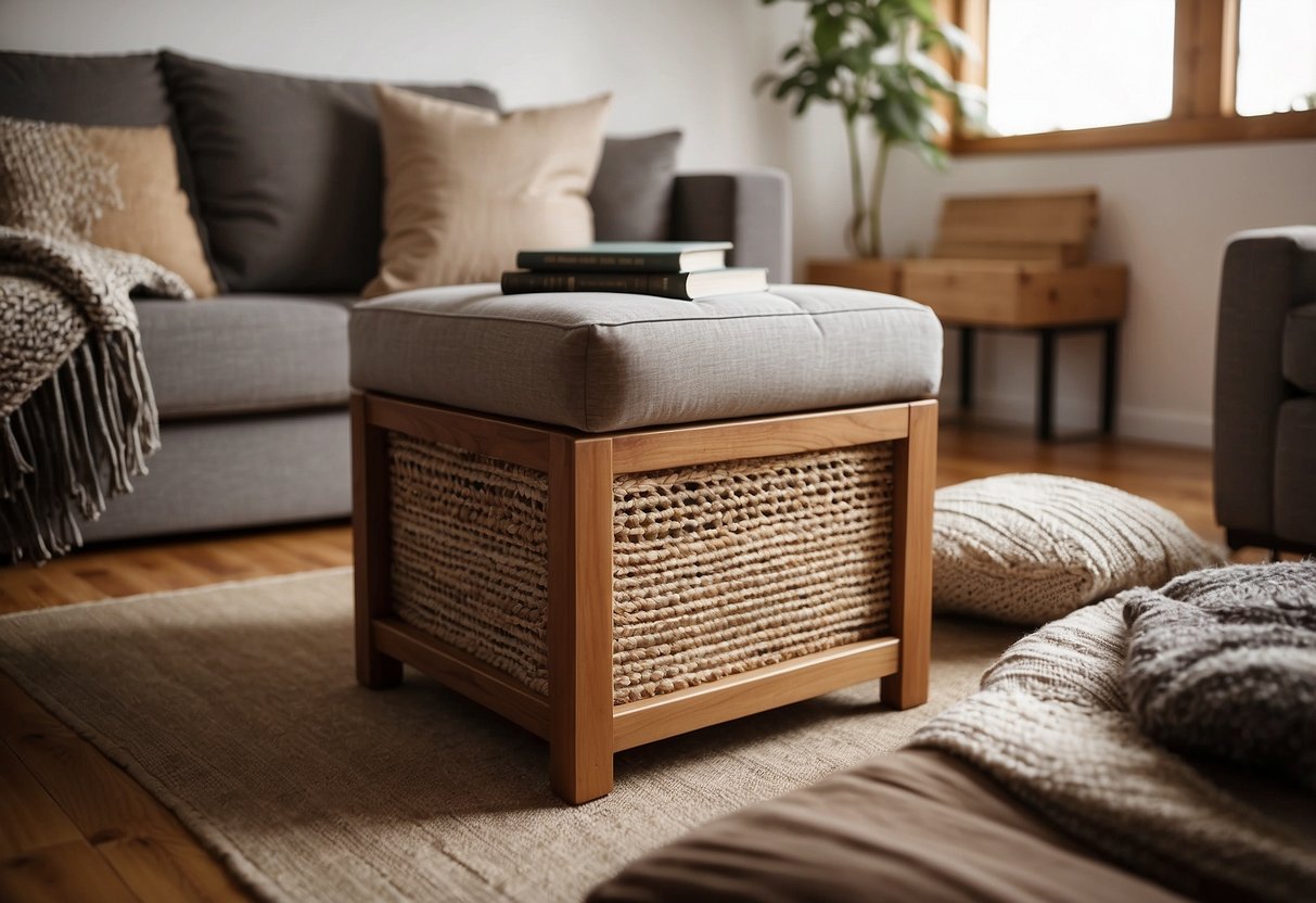 A wooden storage stool sits in a cozy living room, filled with books and blankets. The top is cushioned, inviting someone to sit and relax