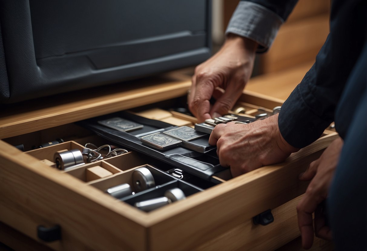 A person opens a storage stool, revealing hidden compartments for organizing items