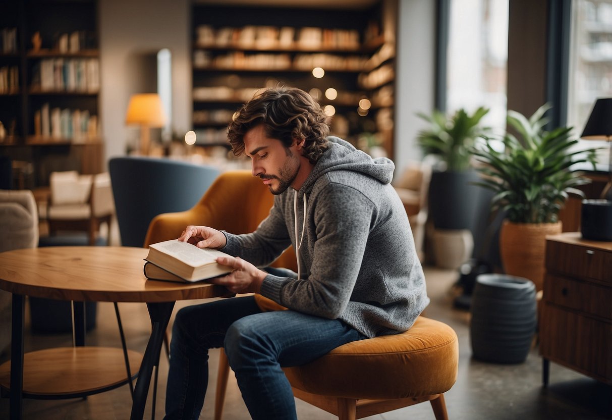 A person reaches for a book on a stylish storage stool, surrounded by other furniture options