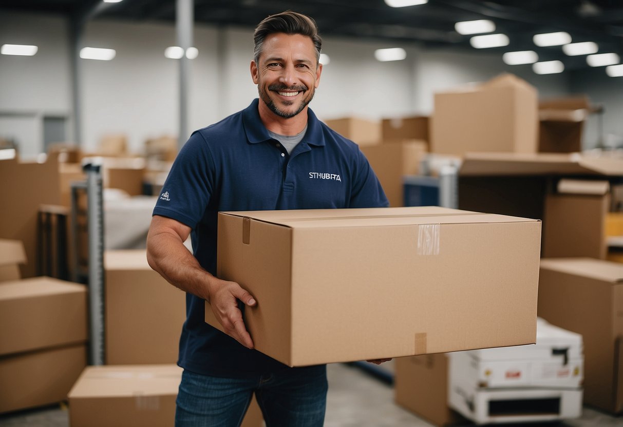A customer happily unboxes a new piece of furniture from Star Furniture, admiring its sleek design and sturdy construction